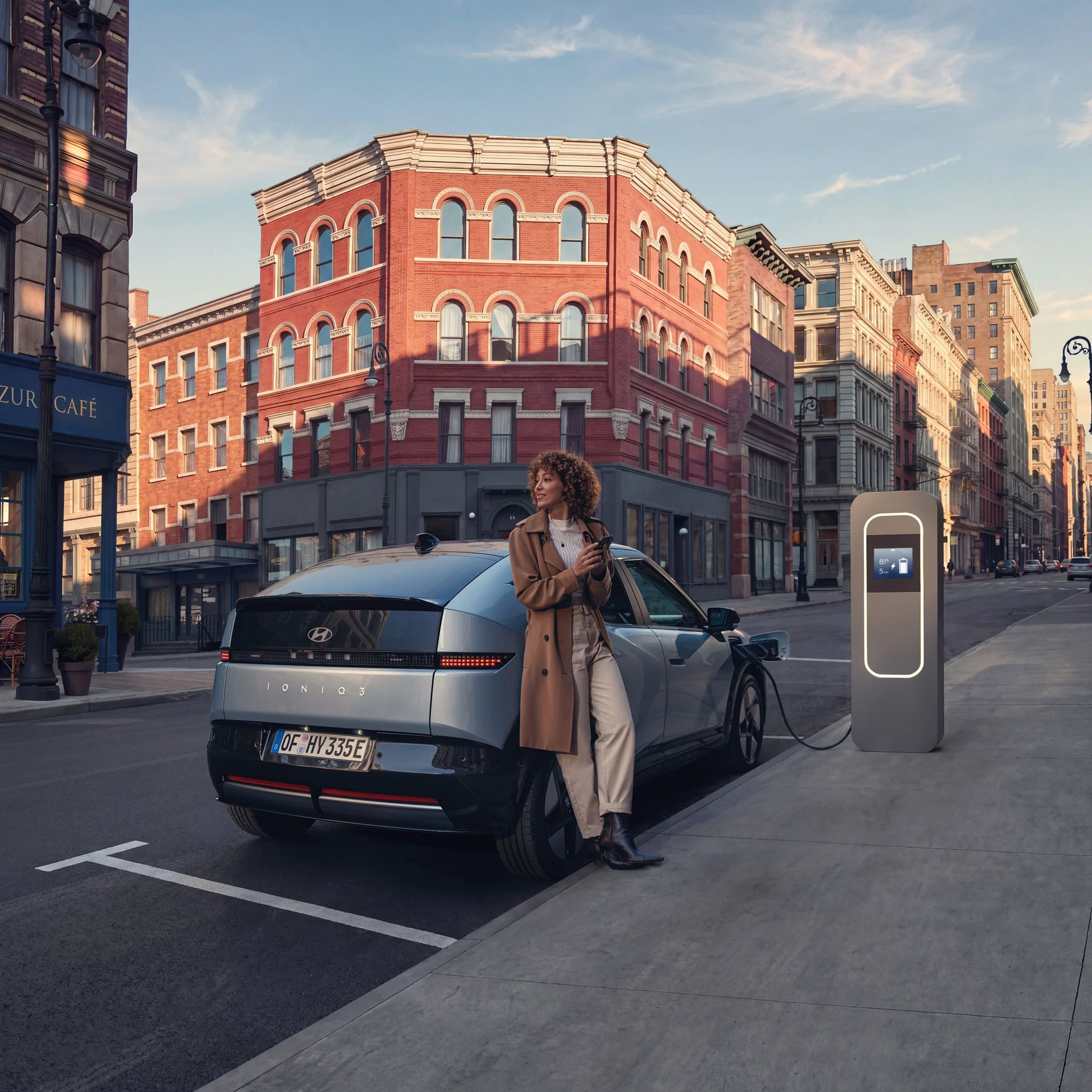 En Hyundai parkerad vid en laddstation på en stadsgata