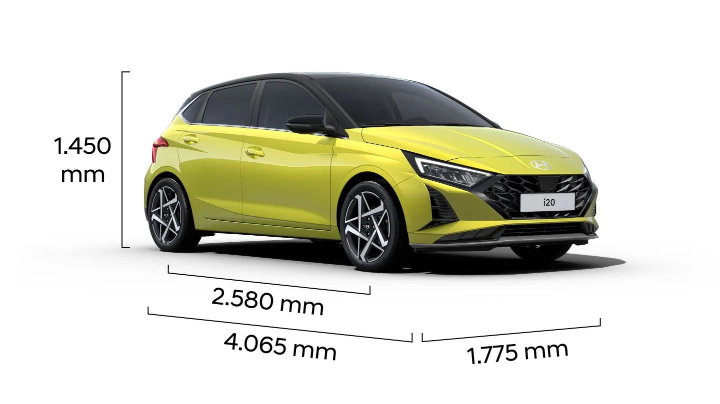 Måttritning av Hyundai i20 med totallängd 4 065 mm, totalbredd 1 775 mm, totalhöjd 1 450 mm och axelavstånd 2 580 mm