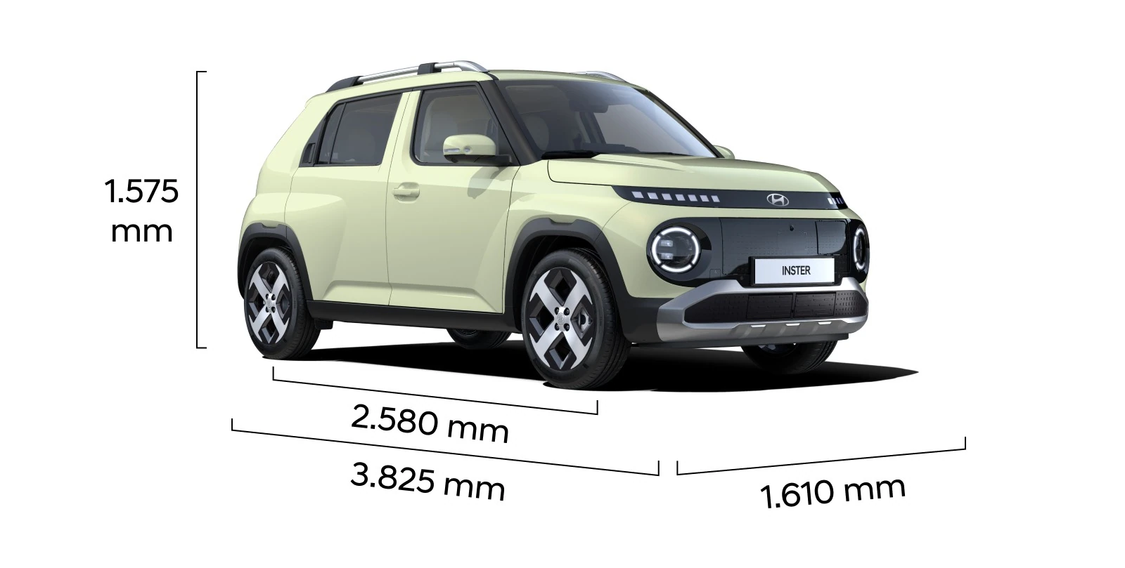 Måttritning av Hyundai INSTER: längd 3 825 mm, bredd 1 610 mm, höjd 1 575 mm och axelavstånd 2 580 mm