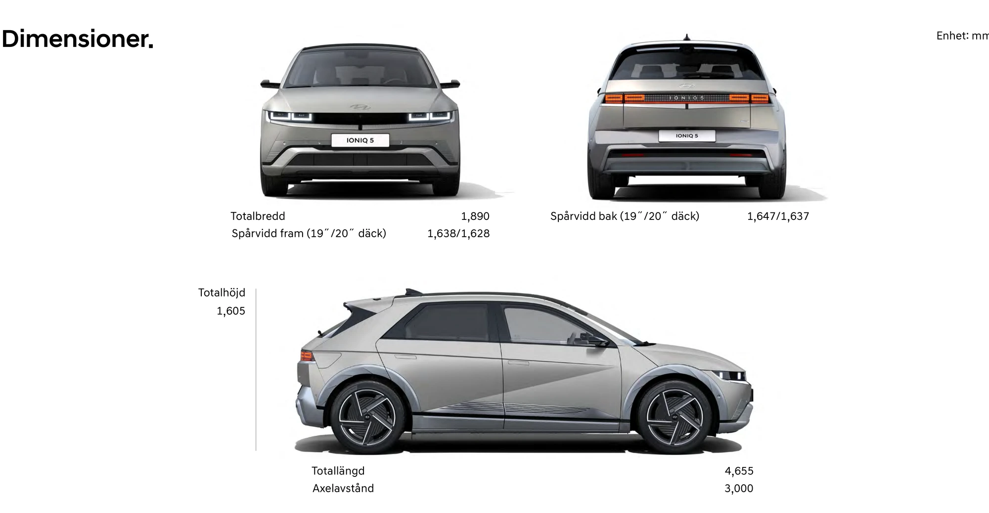Måttritning av Hyundai IONIQ 5 med längd, bredd, höjd, axelavstånd och spårvidd
