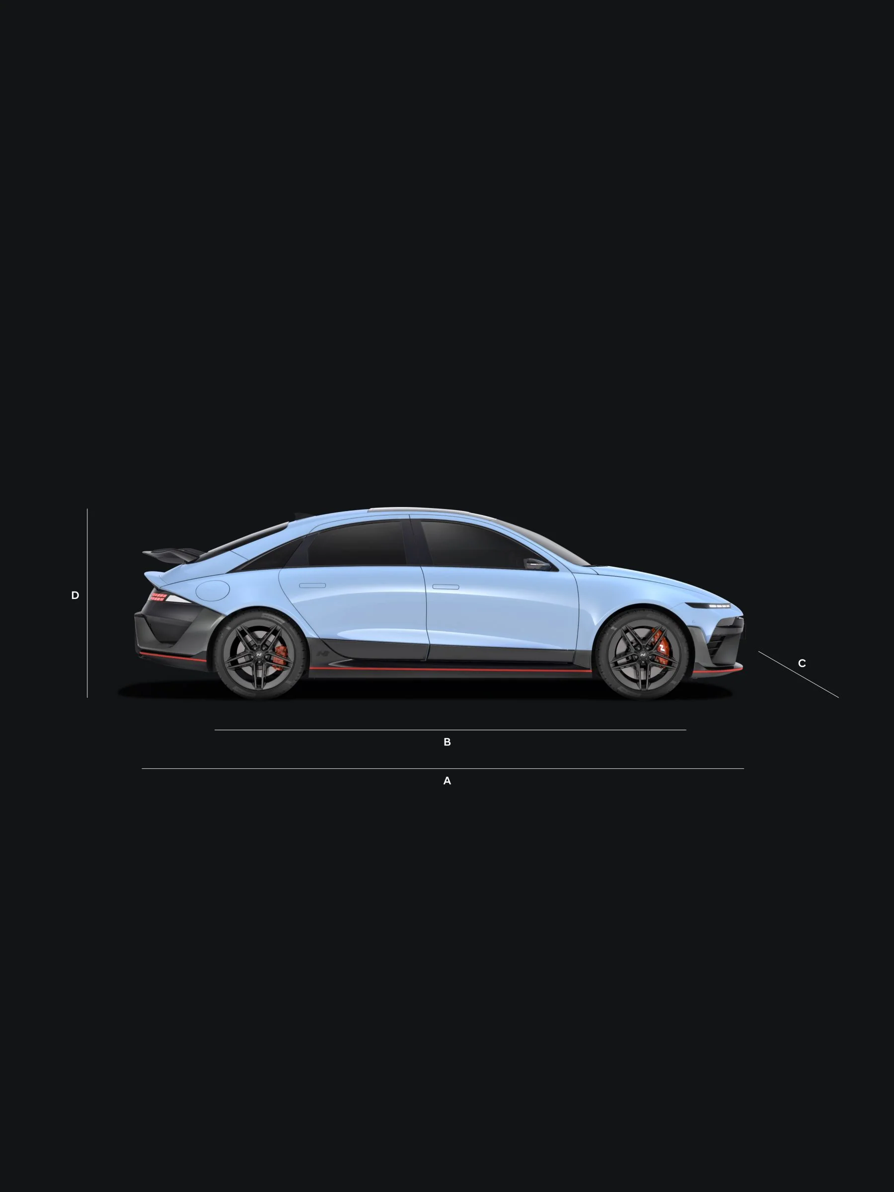 Sidoritning av Hyundai IONIQ 6 N med längd, hjulbas, framhäng och höjd markerade med bokstäverna A till D
