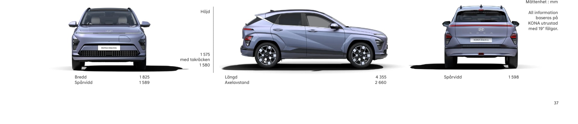 Måttritning av Hyundai KONA Electric med längd, bredd, höjd, axelavstånd och spårvidd
