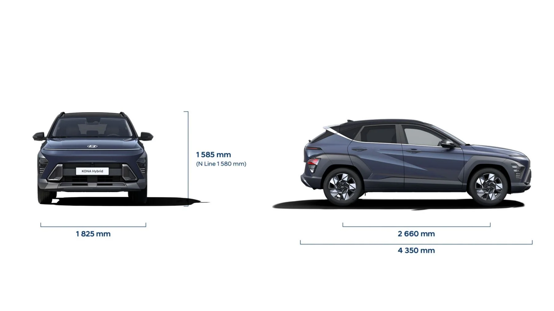 Måttritning av Hyundai KONA Hybrid med längd, bredd, höjd och axelavstånd