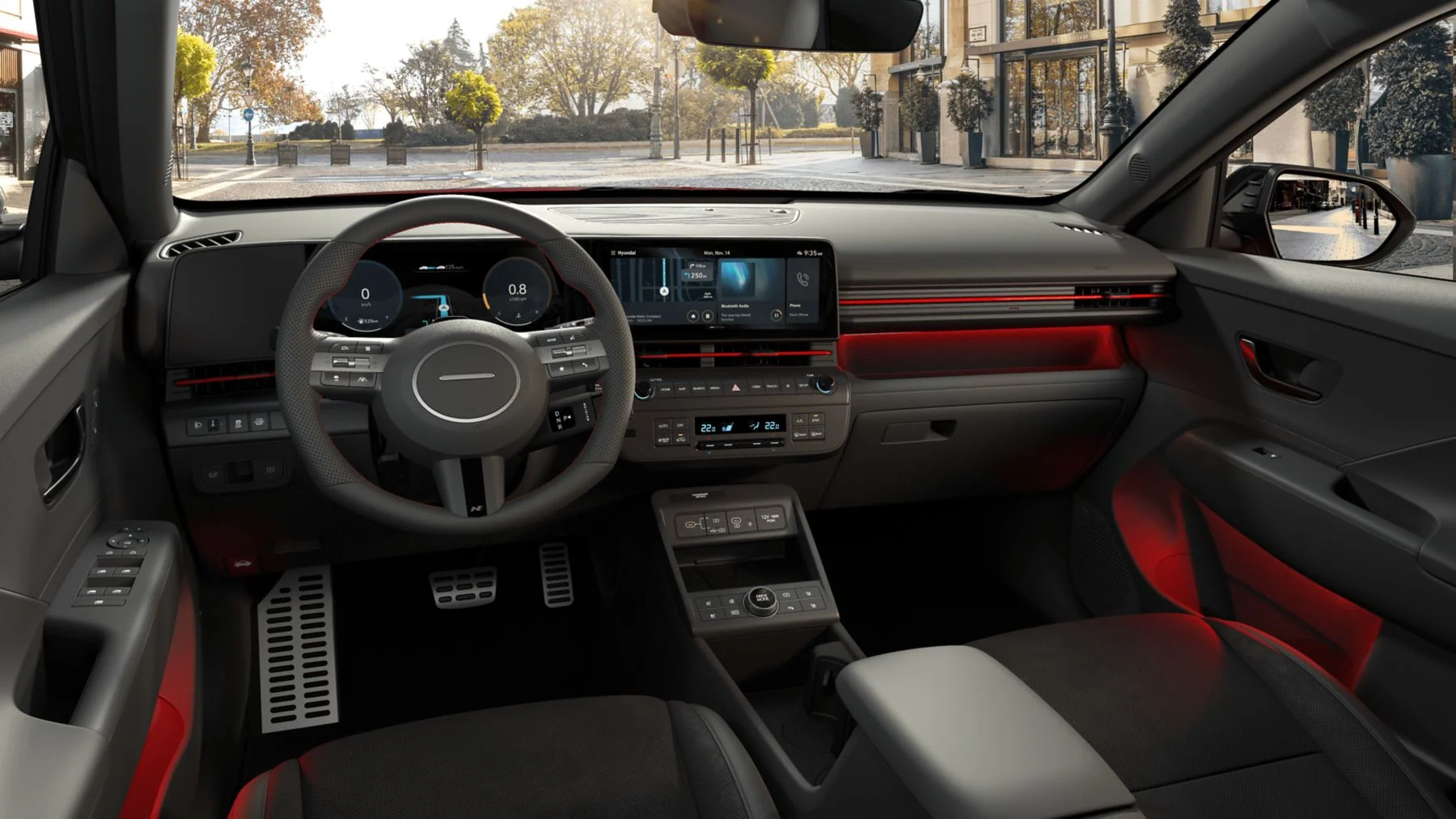 N Line-interiör med röda kontrastsömmar i Hyundai KONA Hybrid