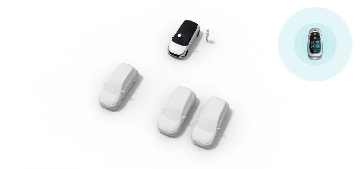 Illustration av fjärrstyrd parkering (RSPA) — en bil parkerar själv med Smart Key