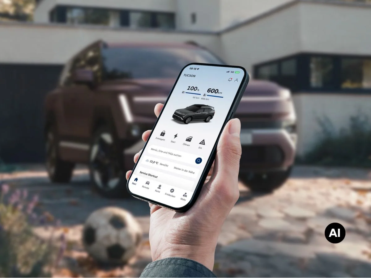 En hand håller en mobiltelefon med myHyundai-appen framför helt nya Hyundai TUCSON