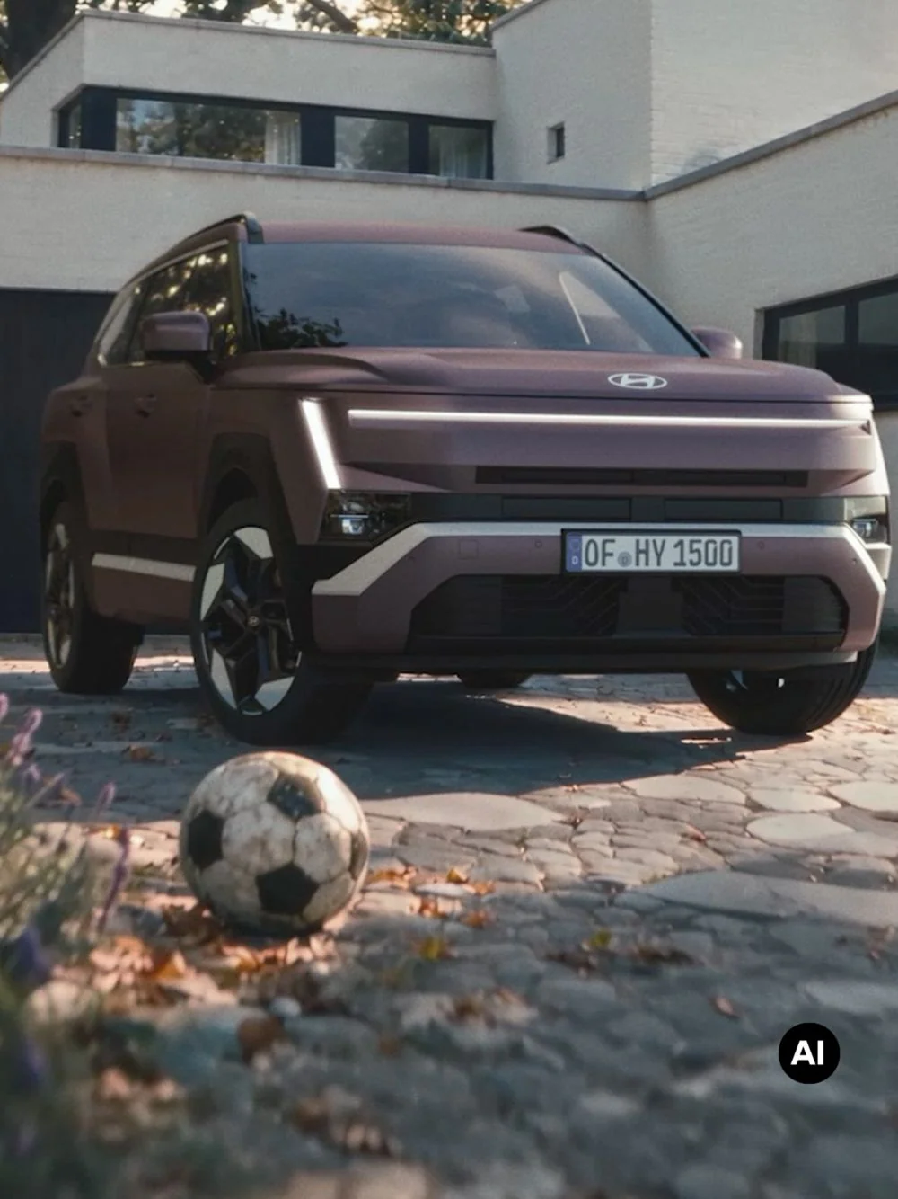 Helt nya Hyundai TUCSON parkerad på en uppfart med ett bostadshus i bakgrunden