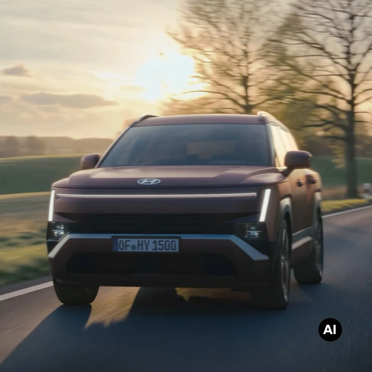Helt nya Hyundai TUCSON under körning på en väg med solnedgång i bakgrunden