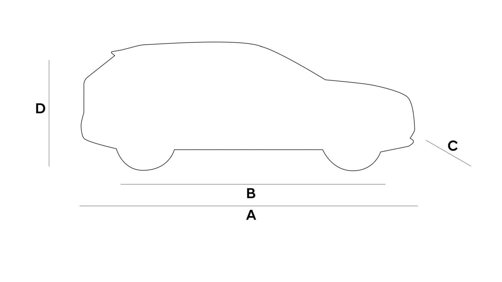 Måttritning av helt nya Hyundai TUCSON med totallängd, hjulbas, totalbredd och totalhöjd markerade med bokstäverna A till D