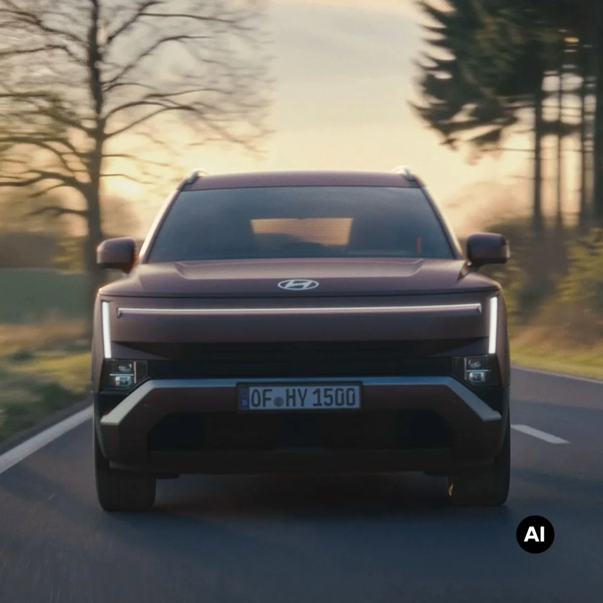 Helt nya Hyundai TUCSON under körning på en väg genom ett skogsområde