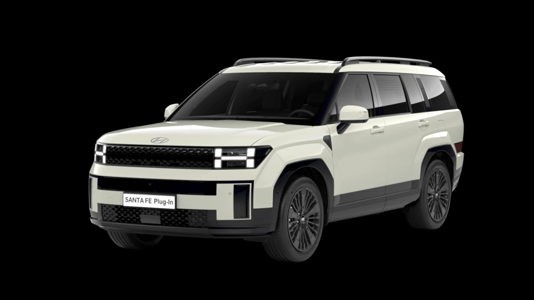 Hyundai SANTA FE Plug-in Hybrid Calligraphy Line med 20-tums svarta fälgar och dolt stödhandtag i C-stolpen, snett framifrån mot transparent bakgrund
