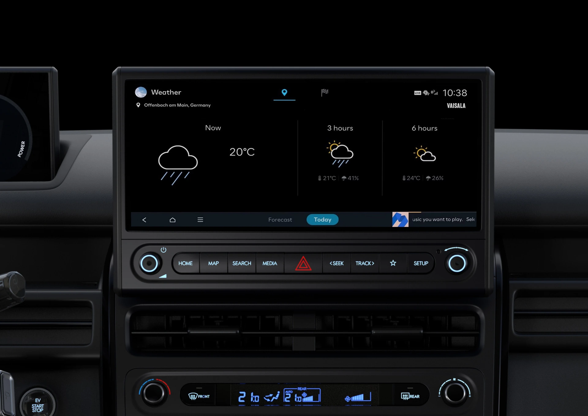 Infotainmentskärmen i Hyundai STARIA Cargo som visar väderinformation
