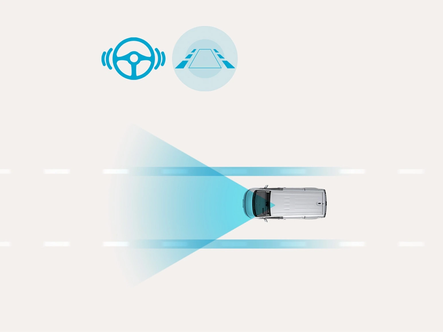 Illustration av filföljningsassistans med kamerans synfält framför bilen