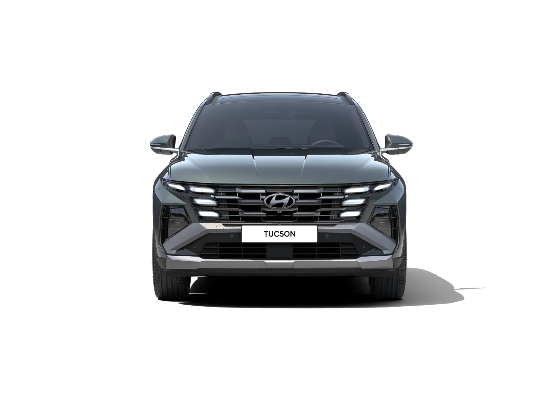 Fronten på Hyundai TUCSON Hybrid med tända parametriska LED-signaturljus
