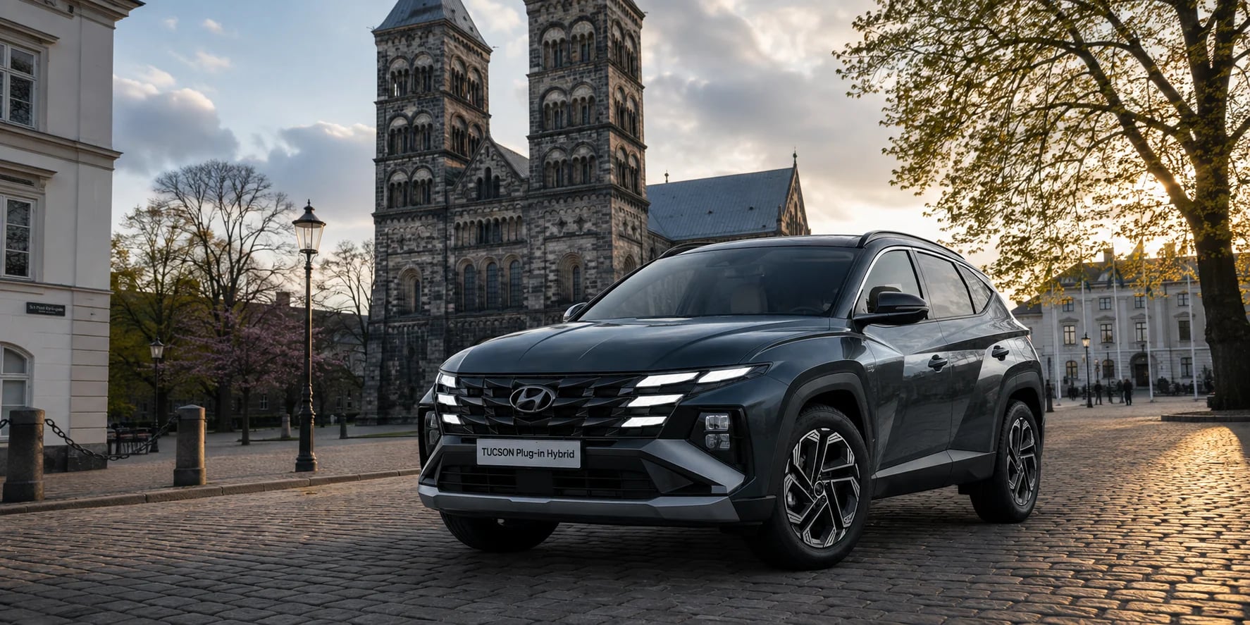 Hyundai TUCSON Plug-in Hybrid på Kyrkogatan framför Lunds domkyrka i kvällsljus