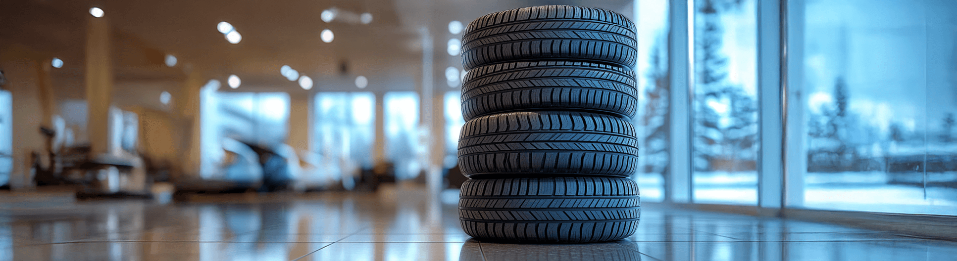 Vinterdäck staplade i en modern bilhall