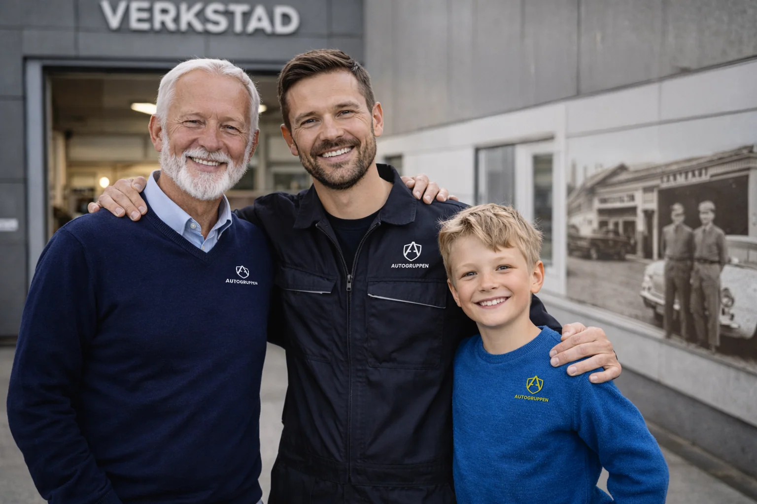 Tre generationer utanför Autogruppens verkstad i Lund