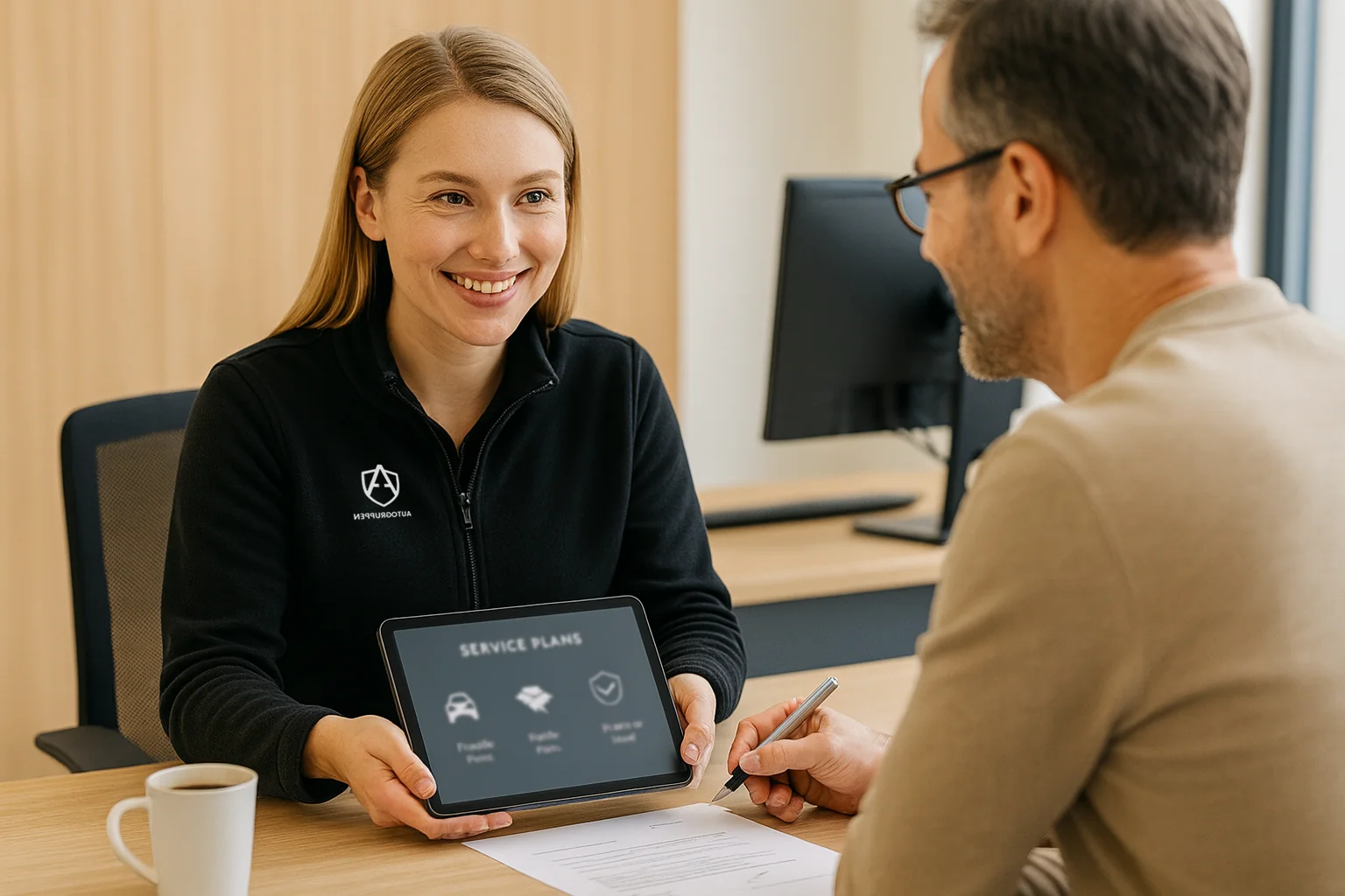 Servicerådgivare som går igenom ett serviceavtal med en kund
