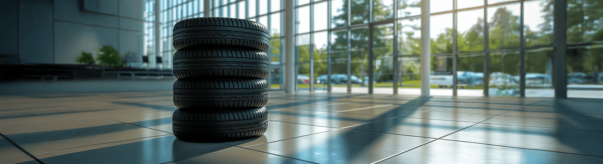 Sommardäck staplade i en modern bilhall