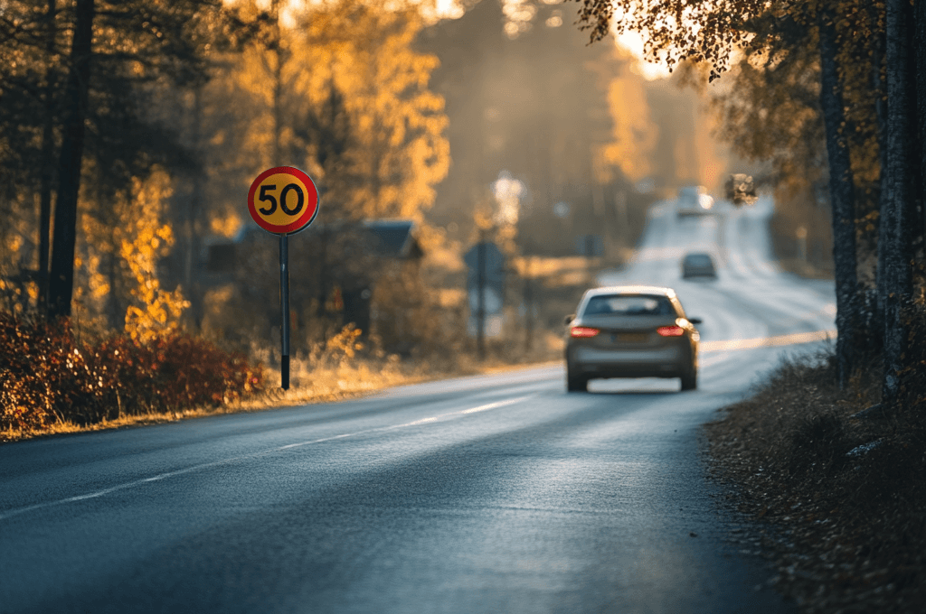 Bil på landsväg med hastighetsskylt i höstlandskap